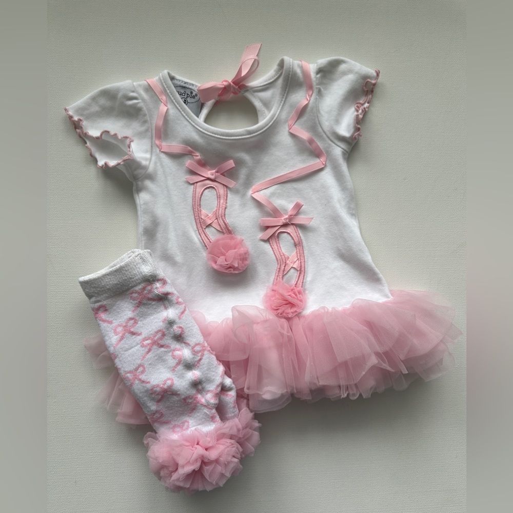 Mud Pie Infant Girl’s White Pink Tutu Dress Appliqued Ballet | Size 0-6M.